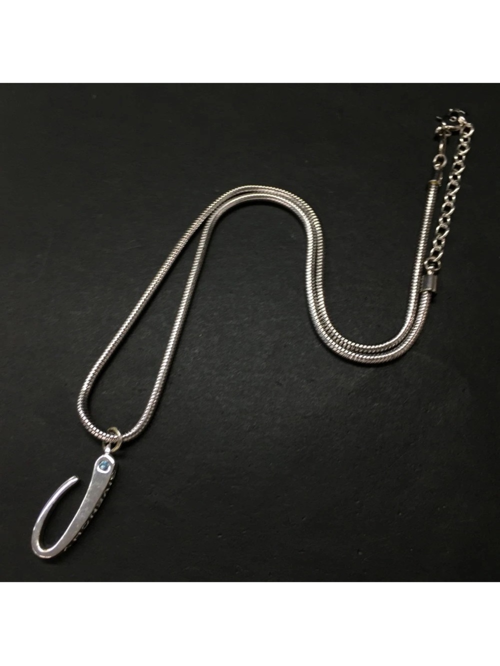Vintage Givenchy Silver Horn Hook Pendant Necklace Blue Rhinestone Snake Chain👝